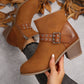 Chestnut Eyelet Buckled Chunky Heel Faux Leather Ankle Boots