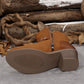 Chestnut Eyelet Buckled Chunky Heel Faux Leather Ankle Boots